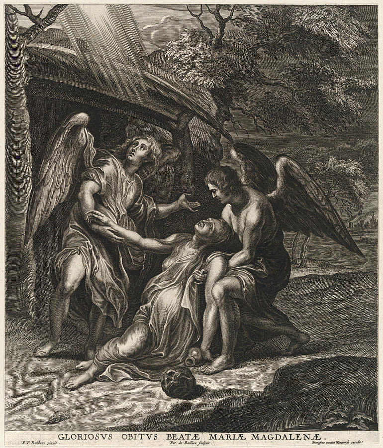 Saint Mary Magdalene in ecstasy, supported by two angels Drawing by Pieter de Bailliu