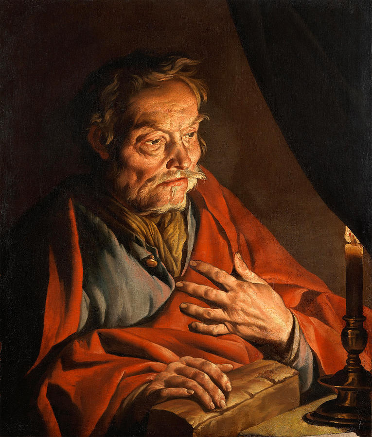 Saint Matthew by candlelight  Painting by Matthias Stom
