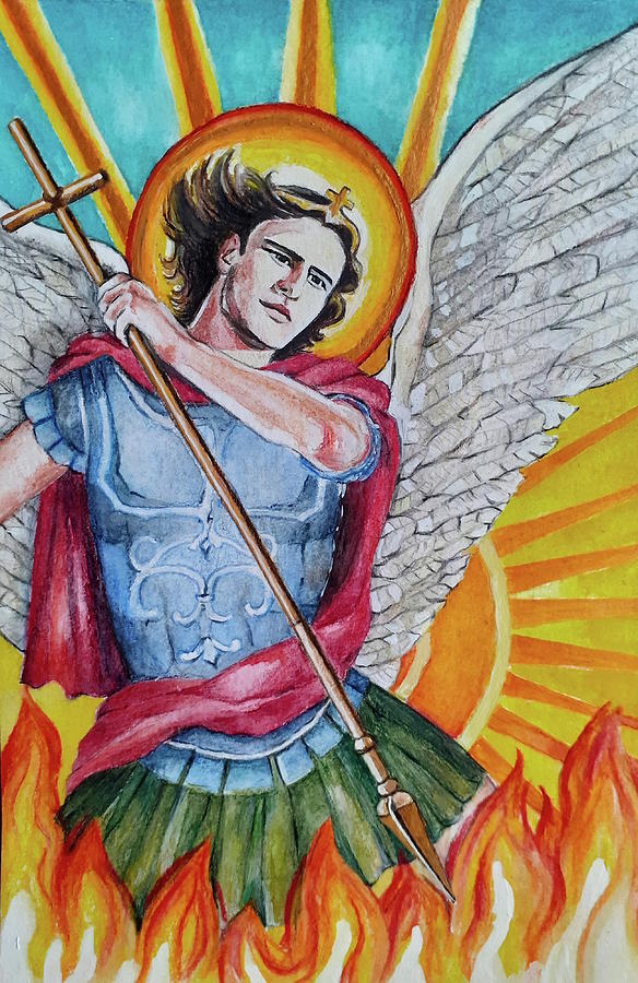 Saint Michael fighting darkness Painting by Carolina Prieto Moreno