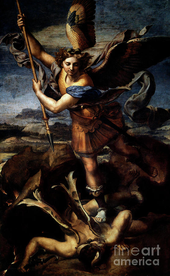 Saint Michael defeats the demon Painting by Raphael