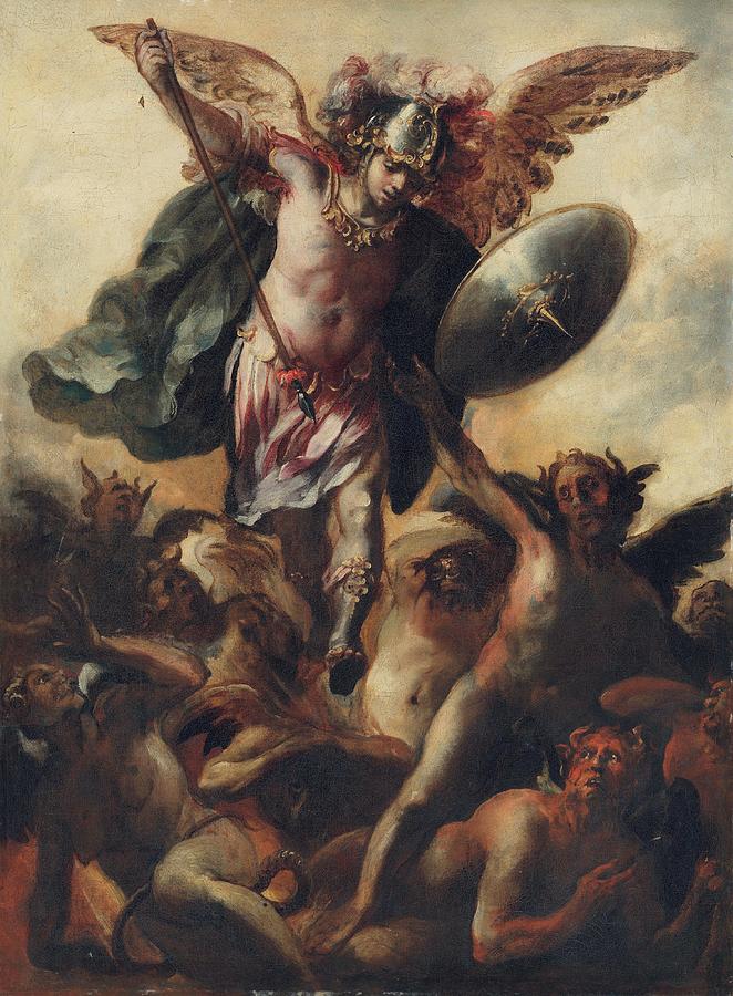 Saint Michael vanquishing the Devil art Drawing by Cristobal De ...