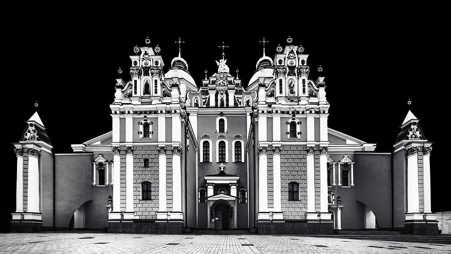 Saint Michaels Cathedral Facade in Kyiv in Black and White Photograph by John Wright Saint Michaels Cathedral Facade in Kyiv in Black and White Photograph by John Wright