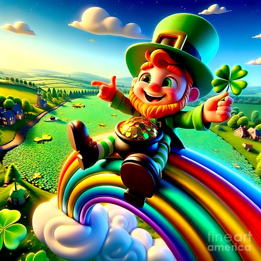Holiday Digital Art - A Leprechaun on a Rainbow with a Pot of Gold and Shamrocks by Rose Santuci-Sofranko