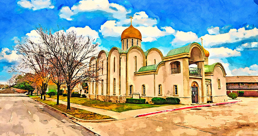 Saint Seraphim Cathedral in Dallas, Texas - watercolor painting Digital Art by Nicko Prints