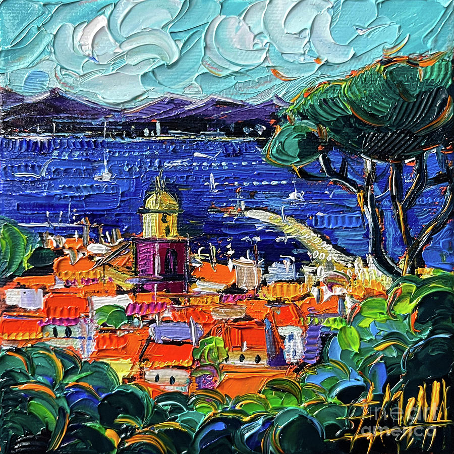 SAINT TROPEZ VIEW textured palette knife oil painting Painting by Mona Edulesco
