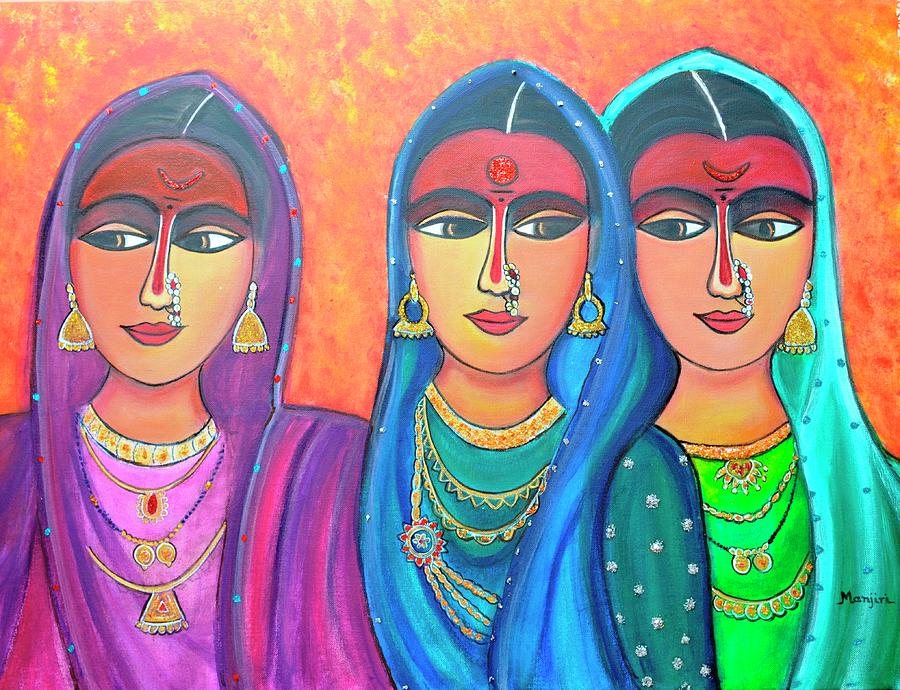 Jewelry Painting - Sakhi-Friends Forever Figure Painting On Canvas by Manjiri Kanvinde