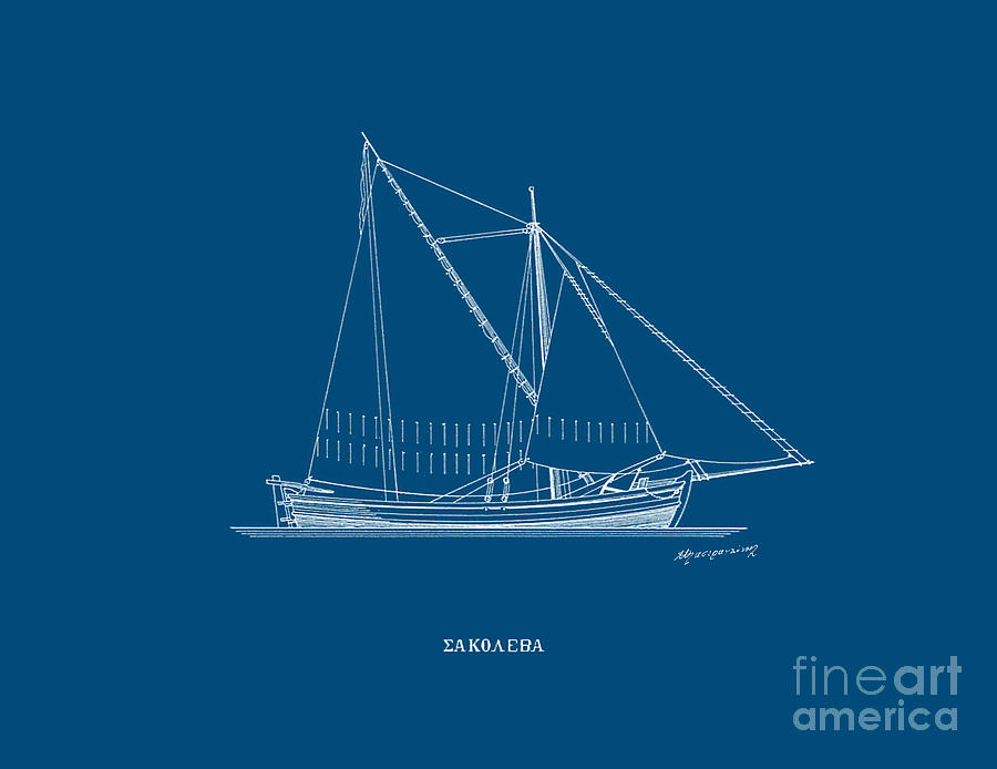 Sakoleva - traditional Greek sailing ship - Blueprint Drawing by Panagiotis Mastrantonis