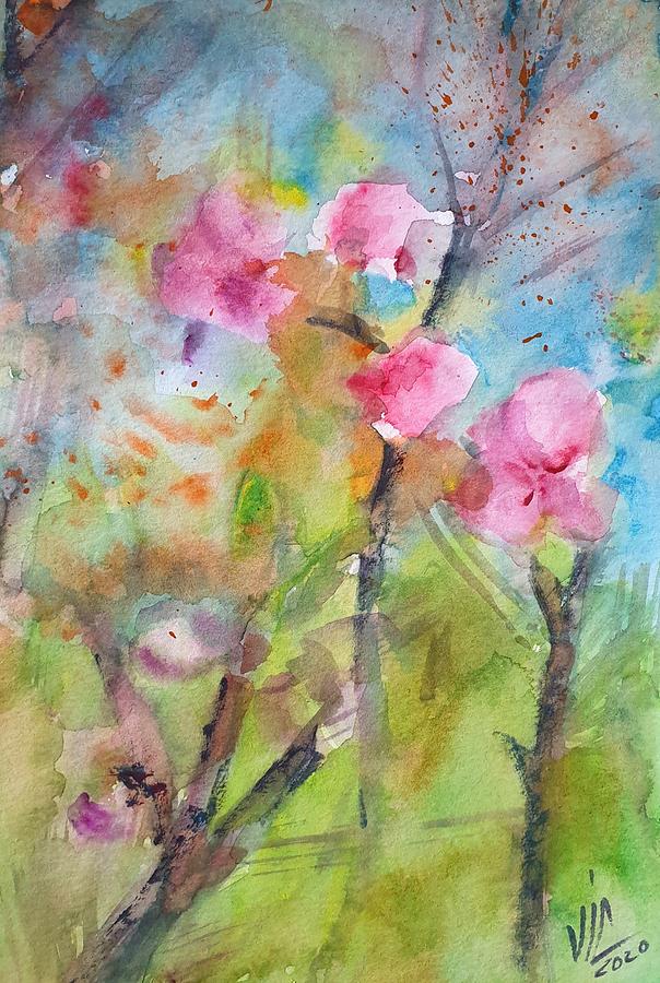 Flower Painting - Sakura Cherry Tree Pink Flowers watercolor painting by Vali Irina Ciobanu  by Vali Irina Ciobanu