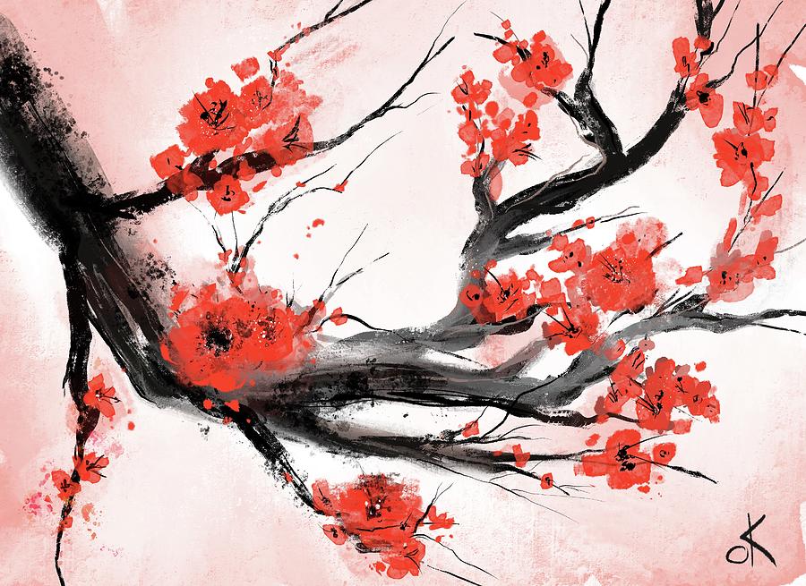 Sakura Ink Painting by Olga Korovkin