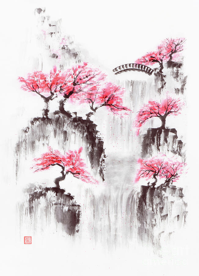 Sakura Tree Blossom Zen Garden With A Waterfall And A Bridge Fin Painting By Awen Fine Art Prints