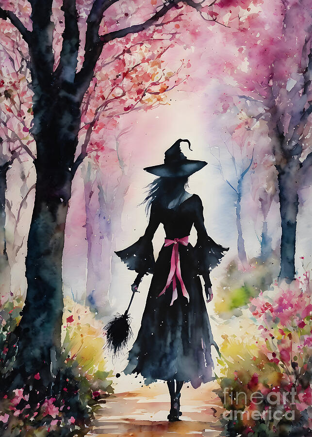 Witches Painting - Sakura Witch in Blossom Woods by Lyra OBrien