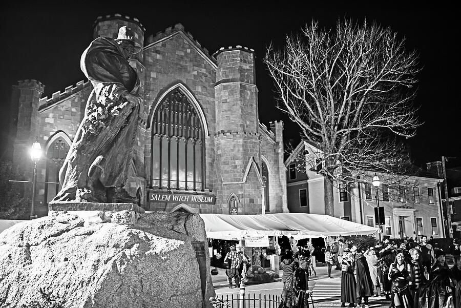 Salem MA Halloween Roger Conant Statue and Witch Museum Black and White Photograph by Toby McGuire Salem MA Halloween Roger Conant Statue and Witch Museum Black and White Photograph by Toby McGuire
