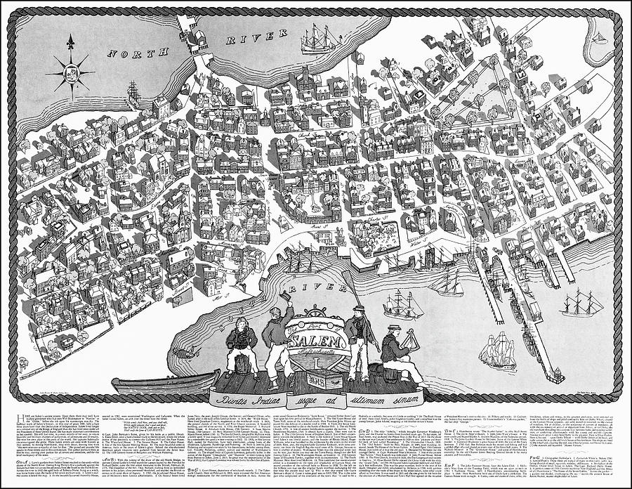 Salem Massachusetts Historical Pictorial Map 1930 Black and White Photograph by Carol Japp