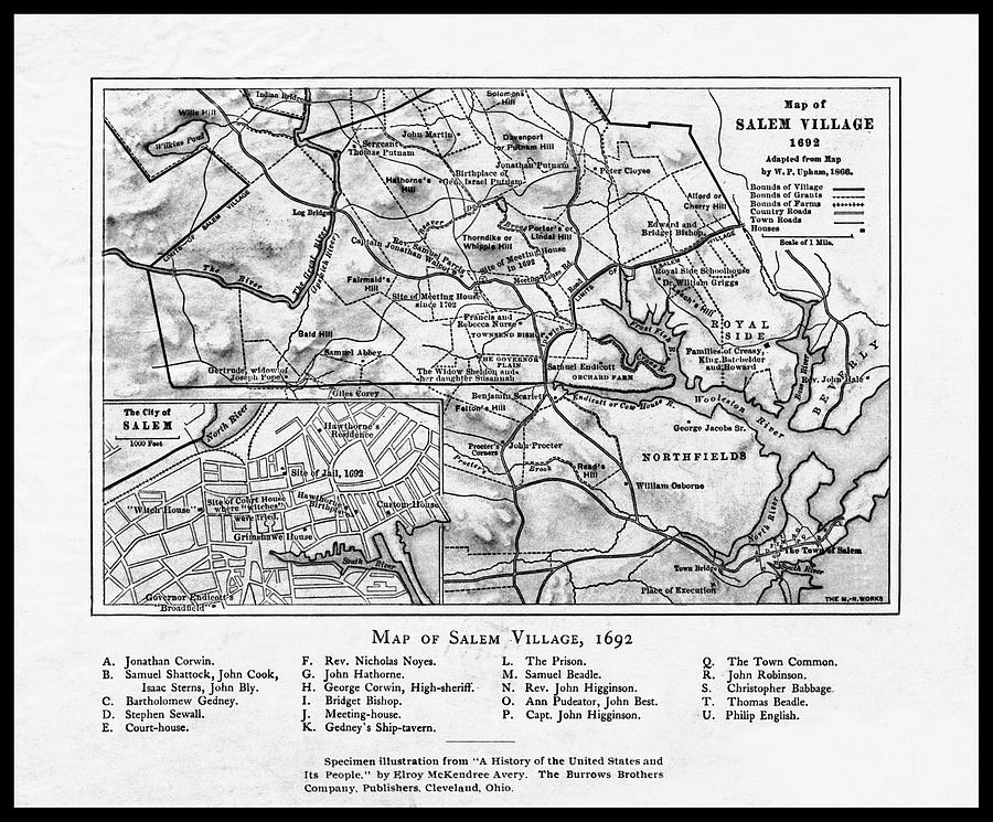 Massachusetts Map Photograph - Salem Village Massachusetts Vintage Historical Map 1692 Black and White  by Carol Japp