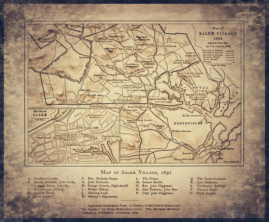 Massachusetts Map Photograph - Salem Village Massachusetts Vintage Historical Map 1692 Sepia  by Carol Japp