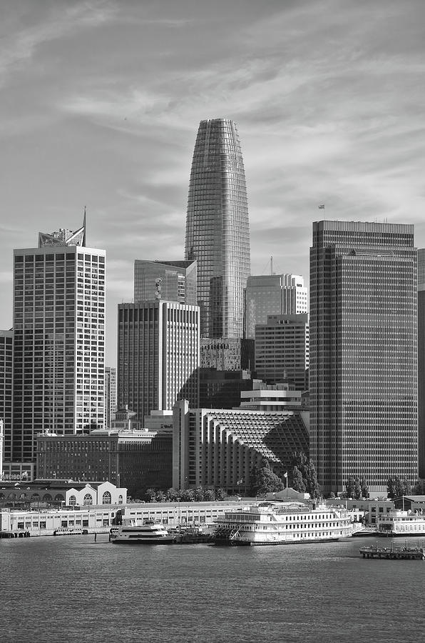 Salesforce Tower over Downtown San Francisco and Pier 3 Black and White Photograph by Shawn OBrien