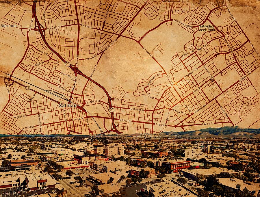 Salinas, California - panorama and map of the central part Digital Art by Nicko Prints