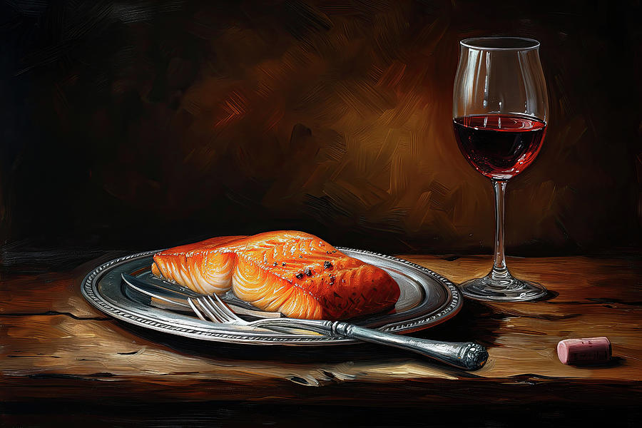 Salmon And Wine, Still Life Digital Art