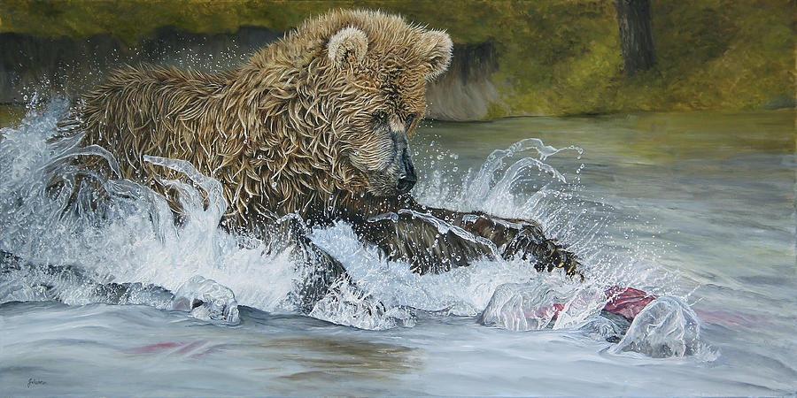 Salmon Run - Brown Bear Painting by Johanna Lerwick