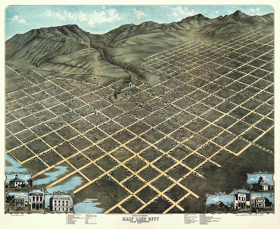 Salt Lake City Utah Antique Map Birds Eye View 1870 Photograph by Carol Japp