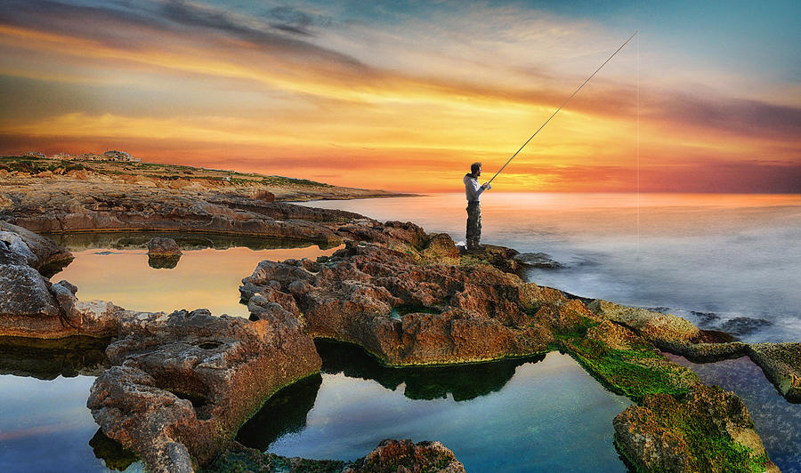 Salt pans at sunrise with fisherman in Malta - Landscape photo Photograph by Stephan Grixti