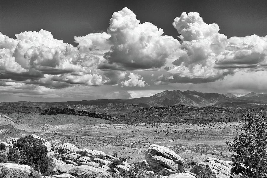 Salt Valley Overlook with La Sal Mountains BW Photograph by Mary Bedy