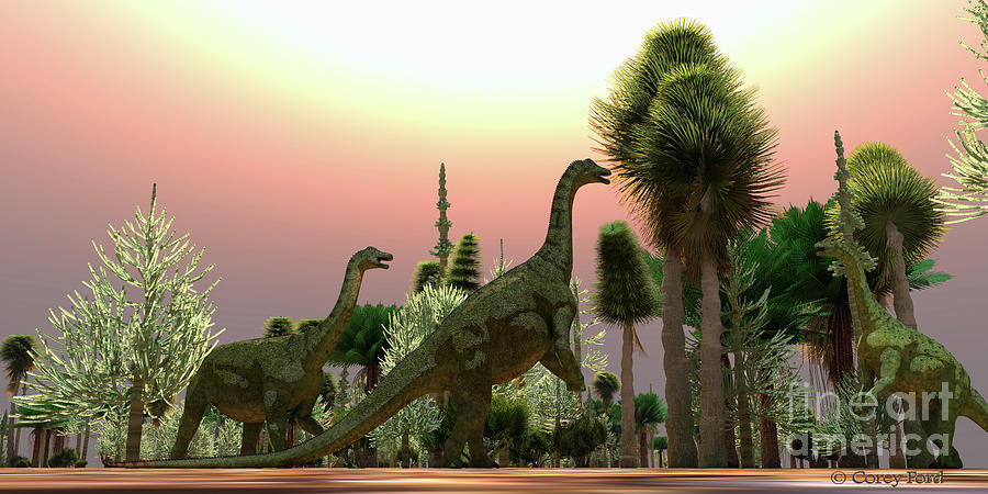 Saltasaurus Dinosaurs Eating  Digital Art by Corey Ford