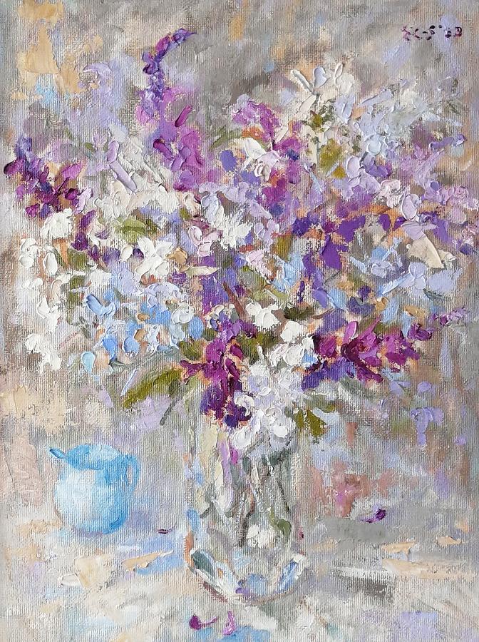 Salvia and Plumbago in glass vase Painting by Elinor Fletcher - Fine ...