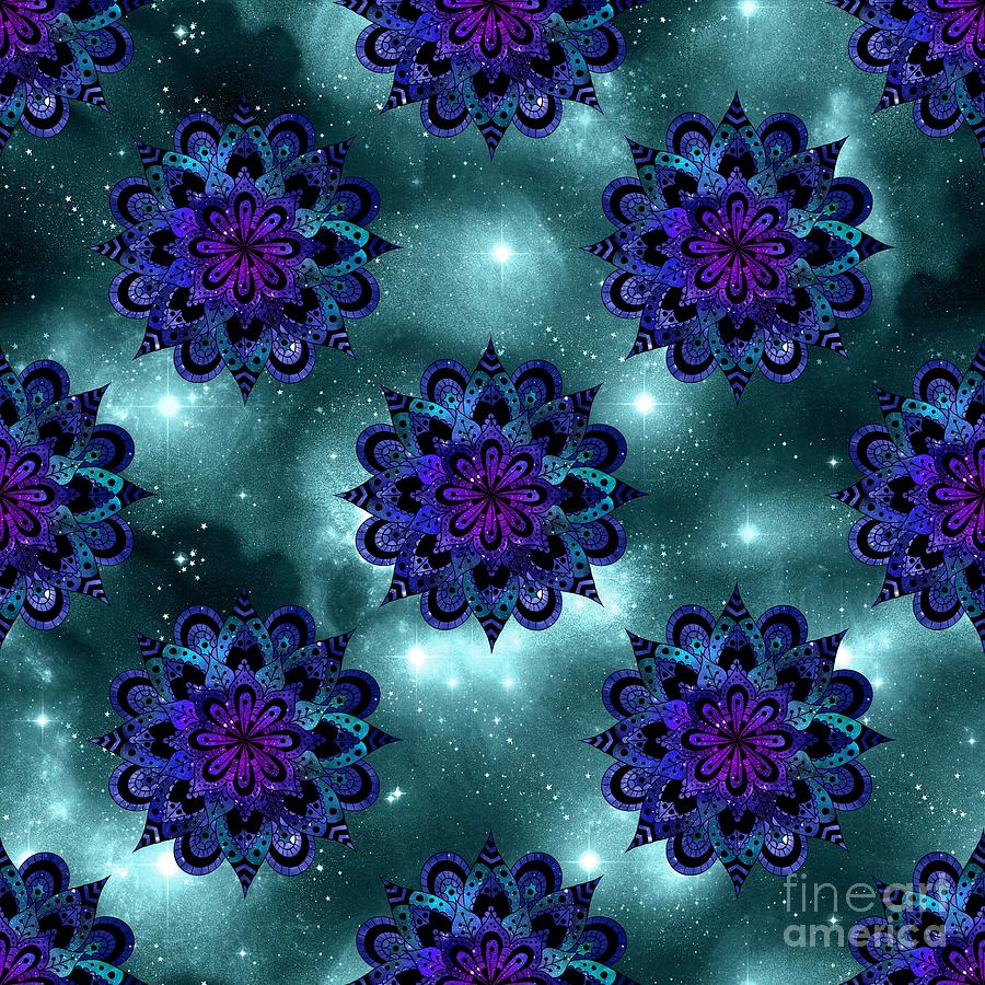Samale - Purple Teal Watercolor Mandala Galaxy Dharma Pattern Digital Art by Sambel Pedes