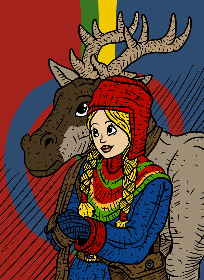 sami people lady with reindeer Scandinavia Painting by Gary Thompson ...