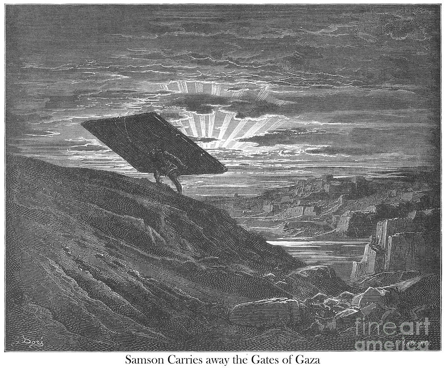 Samson Carrying Away the Gates of Gaza by Gustave Dore v1 Drawing by Historic illustrations