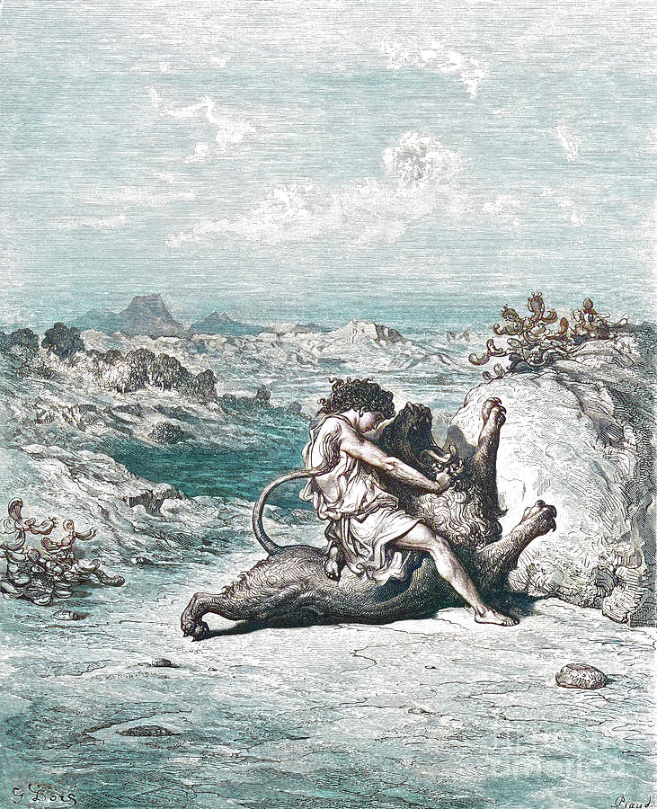 Samson Slaying a Lion by Gustave Dore v1 Drawing by Historic illustrations