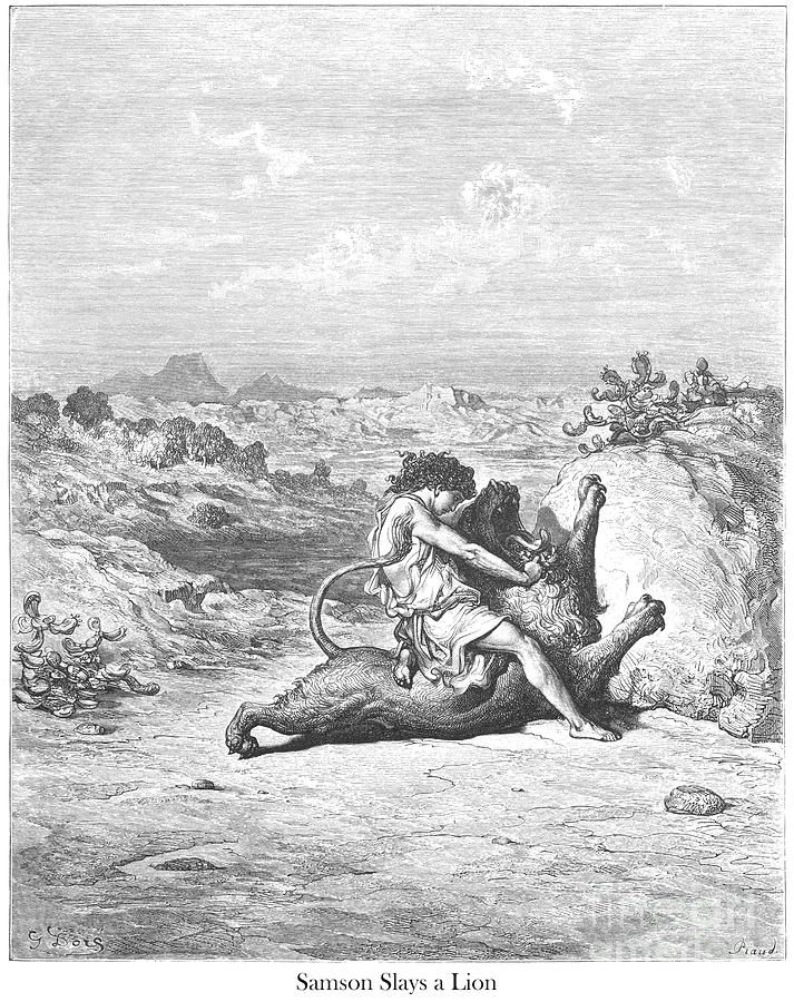 Samson Slaying a Lion by Gustave Dore v2 Drawing by Historic illustrations