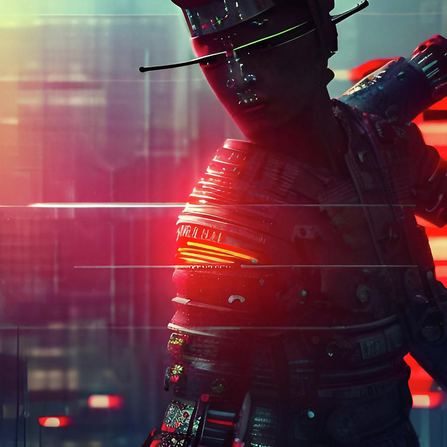 Samurai Futuristic In Cyberpunk Illustration Digital Art By Alessandro Della Torre Fine Art 4567