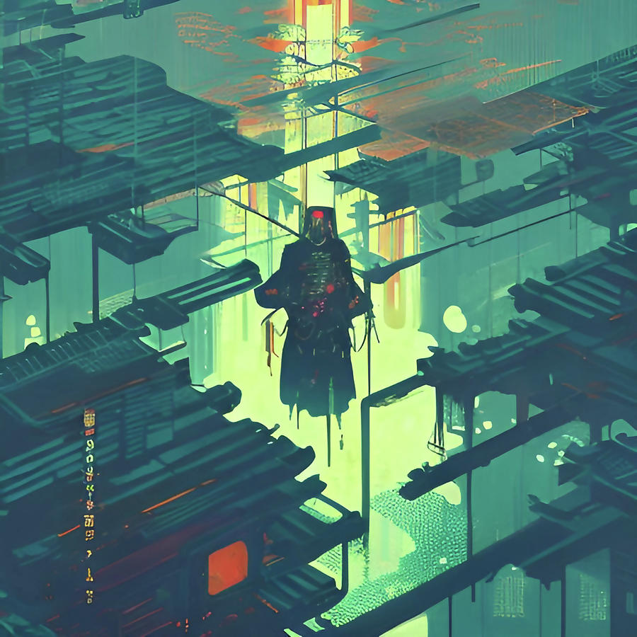 Samurai Ghost In A Cyberpunk Futuristic Cityscape Digital Art By Alessandro Della Torre Fine 3835