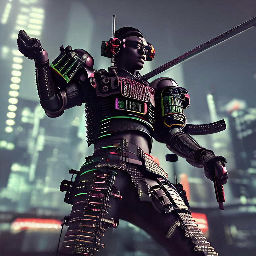 Samurai War Combat Fighter In Cyberpunk City Digital Art By Alessandro