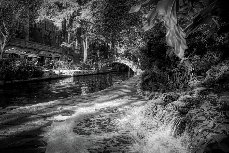 San Antonio Riverwalk And Waterfall Black And White Photograph
