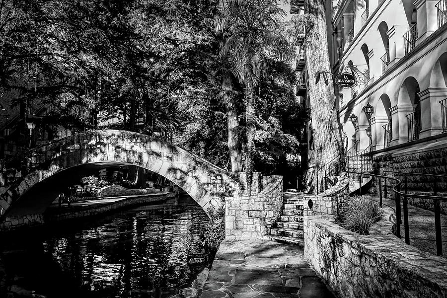 San Antonio Riverwalk La Mansion Hotel Black and White Photograph by Judy Vincent