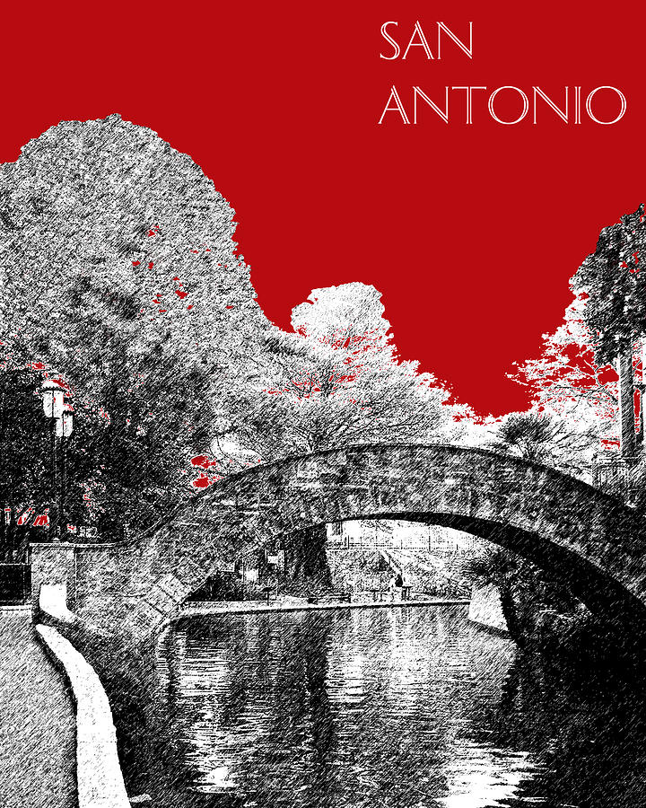 San Antonio Skyline River Walk - Dark Red Digital Art by DB Artist