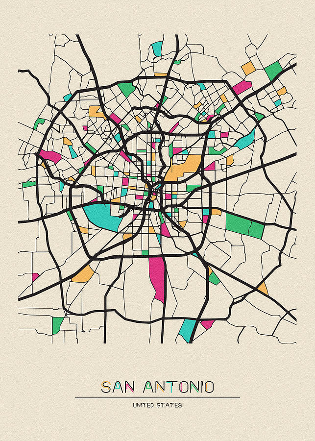 Memento Movie Drawing - San Antonio, Texas City Map by Inspirowl Design