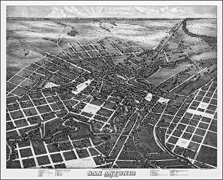 San Antonio Texas Vintage Map Birds Eye View 1873 Black and White