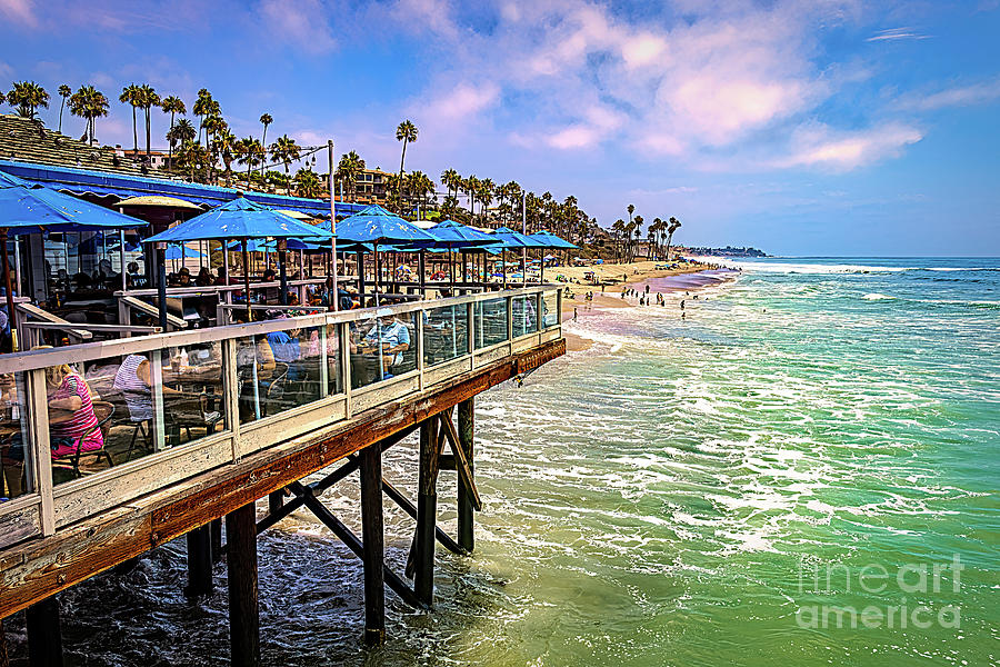 San Clemente Pier with Blue Umbrellas Photograph by Roslyn Wilkins