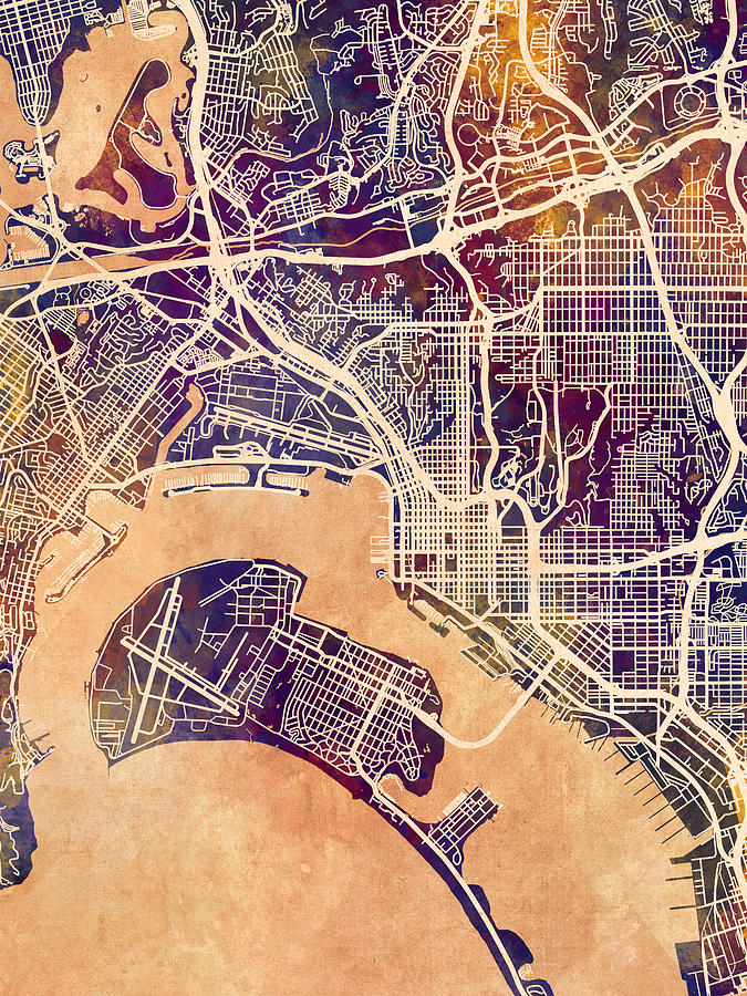San Diego California City Street Map Digital Art by Michael Tompsett