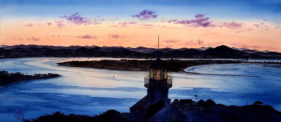 San Diego, California, First Light, Cabrillo Old Pt. Loma Lighthouse Painting by John YATO