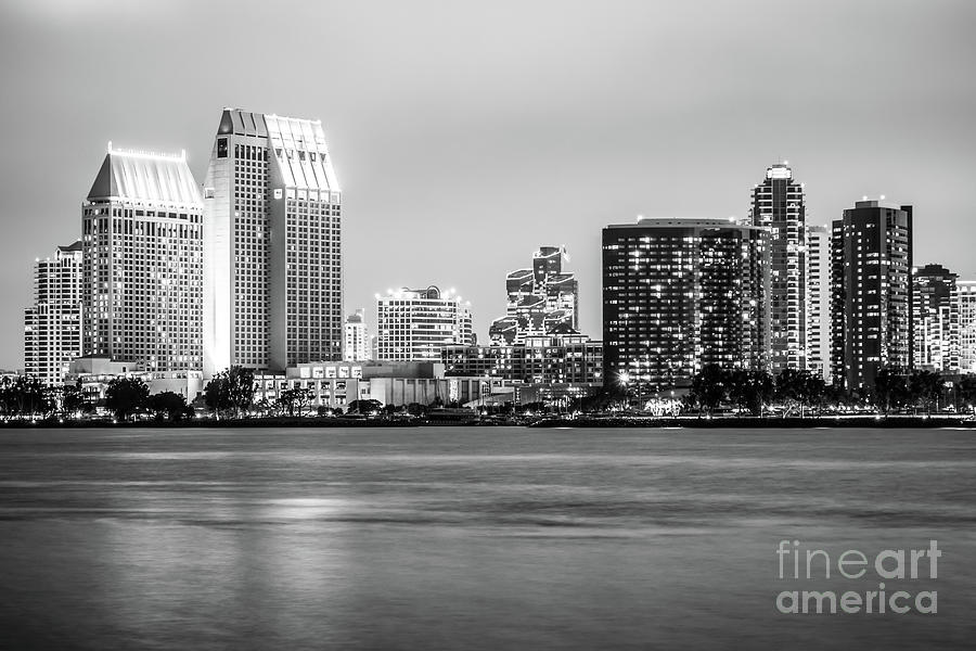 San Diego Cityscape at Night Black and White Photo Photograph by Paul Velgos
