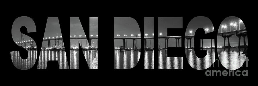 SAN DIEGO letters, Coronado bridge panorama Photograph by Delphimages Photo Creations