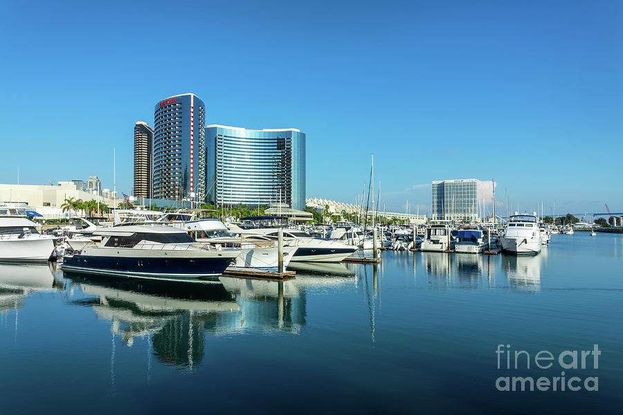Yachts reflections in San Diego marina, California Photograph by Delphimages Photo Creations