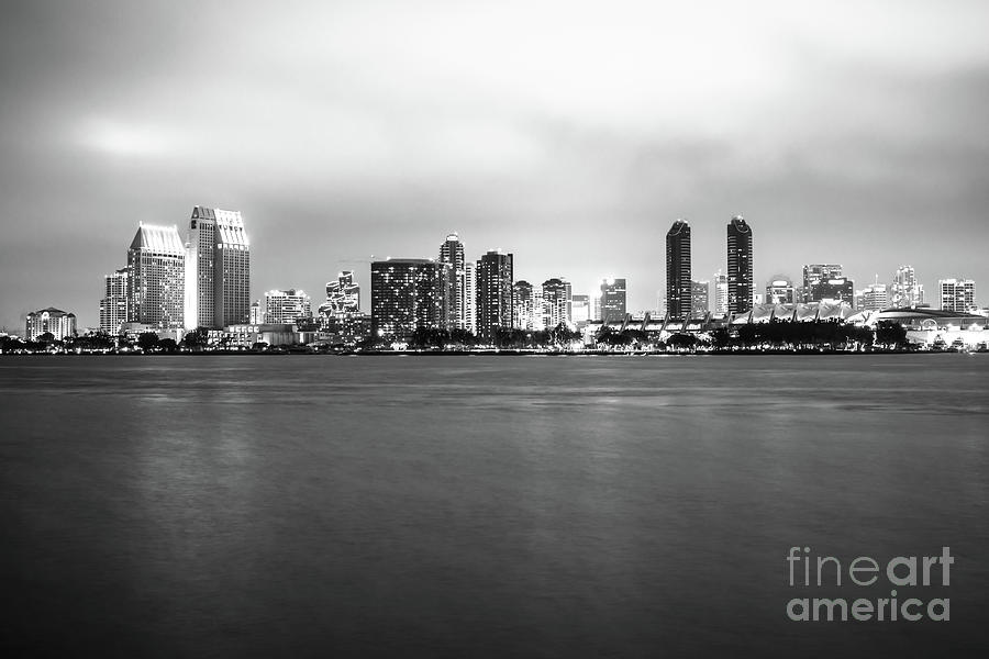 San Diego Night Skyline Black and White Picture Photograph by Paul Velgos