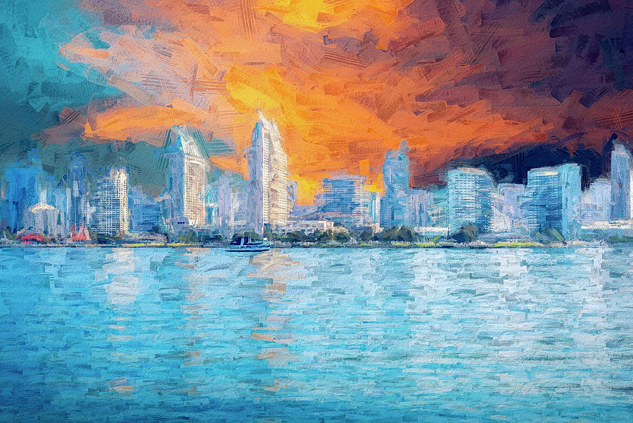 San Diego Skyline Under An Orange Sky - Painterly Mixed Media by Joseph S Giacalone