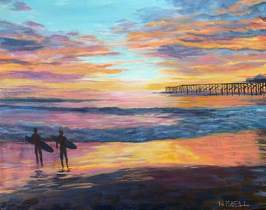 San Diego Surf Sunset Painting by Nancy Isbell